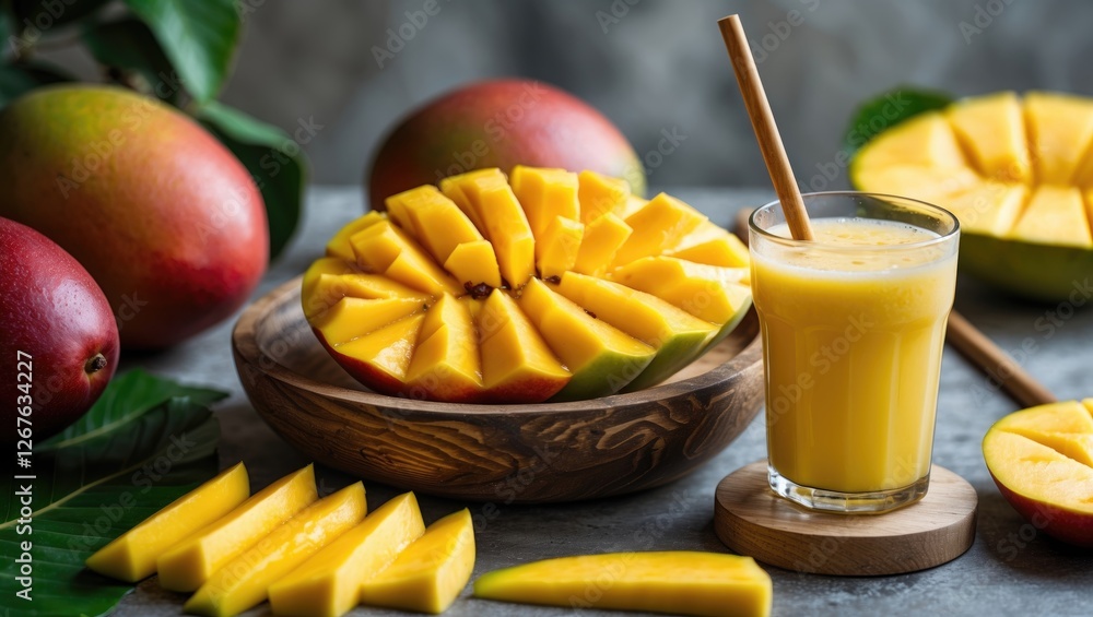 Poster fresh mango slices and juice display with vibrant colors and empty space for text in a natural setti