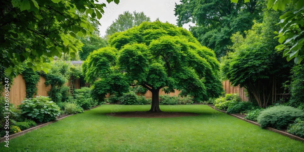 Poster lush green tree surrounded by garden flora with abundant empty space for text and design elements