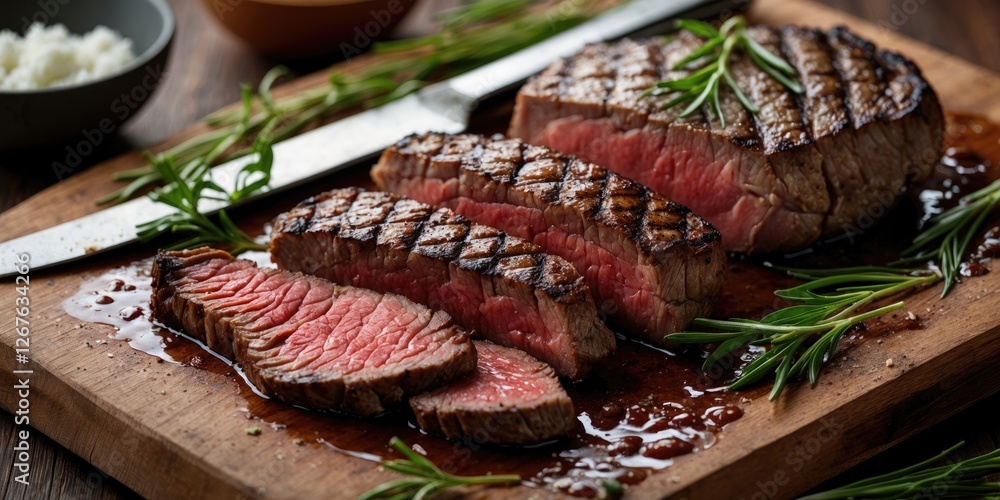 Poster sliced grilled beef striploin steak on wooden board with fresh herbs and empty space for text or bra
