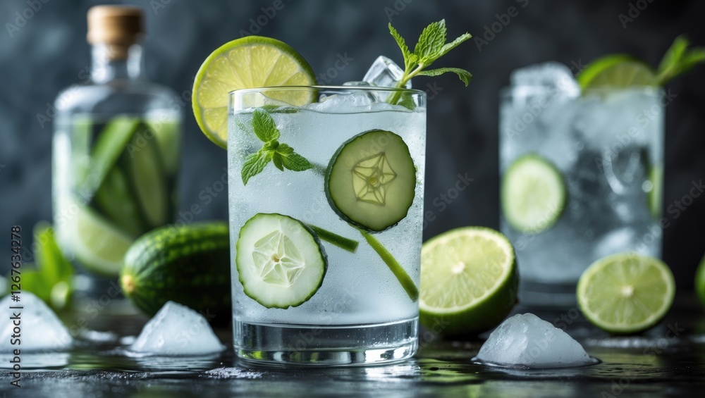 Poster refreshing gin and tonic cocktail with cucumber and lime garnishes served in a glass, accompanied by
