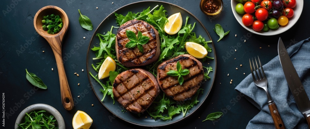 Poster Grilled Pork Medallions with Fresh Salad and Lemon Slices on Dark Background for Culinary Presentation and Menu Design