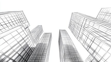 Fototapeta premium Minimalist Urban Horizon: A close-up sketch of futuristic skyscrapers with sharp pencil strokes, creating a highly detailed cityscape. 