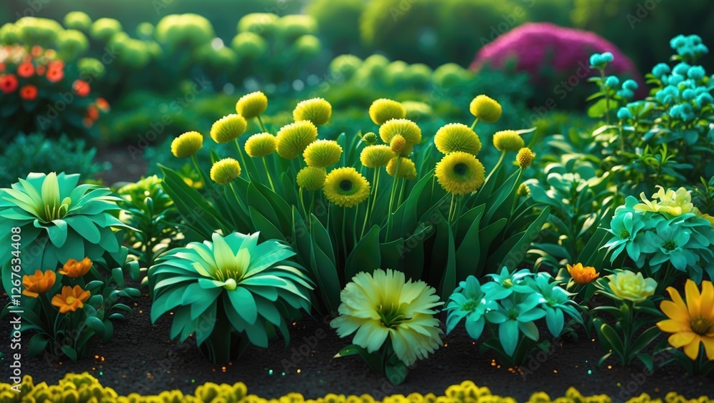 Poster vibrant decorative flowerbed featuring an array of colorful blooms and lush greenery in a serene gar