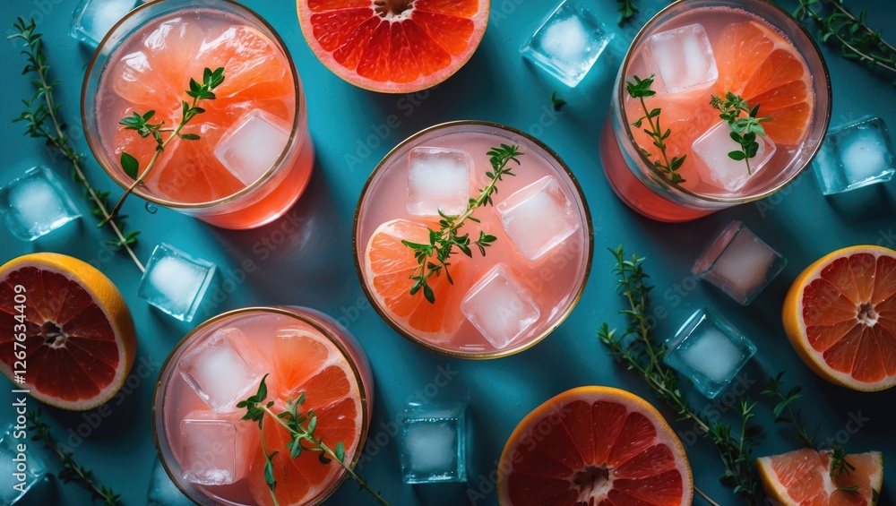 Poster refreshing grapefruit cocktails with ice cubes and thyme garnish on a bright background perfect for 
