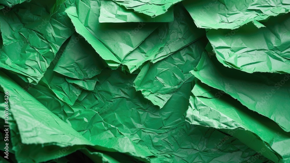 Poster Textured green recycled paper background with crumpled layers for eco-friendly design and creative projects.
