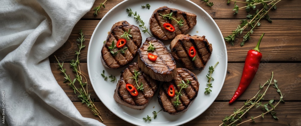 Poster Grilled Beef Fillet Medallions Garnished with Thyme and Red Chili on White Plate with Empty Space for Text on Rustic Wooden Table