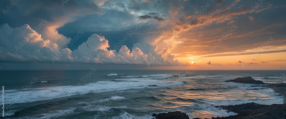 Poster dramatic coastal sunset with turbulent cloudscape over ocean waves and empty space for custom text o