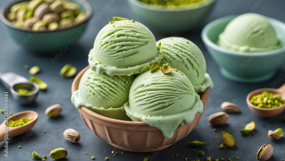 Poster pistachio ice cream scoops in a bowl surrounded by nuts and green garnish on a rustic table