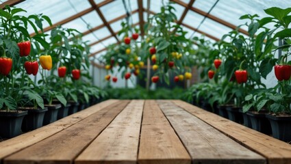 Wooden table in foreground with vibrant hydroponic bell peppers thriving in greenhouse environment as backdrop showcasing sustainable agriculture.