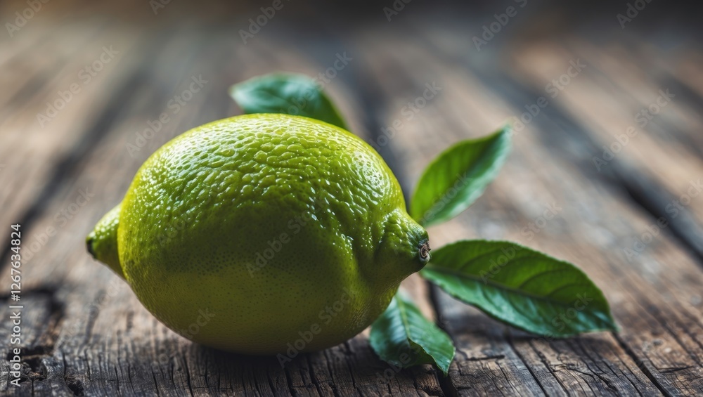 Aufkleber fresh green lemon with leaves on a rustic wooden surface showcasing its natural texture and vibrant 