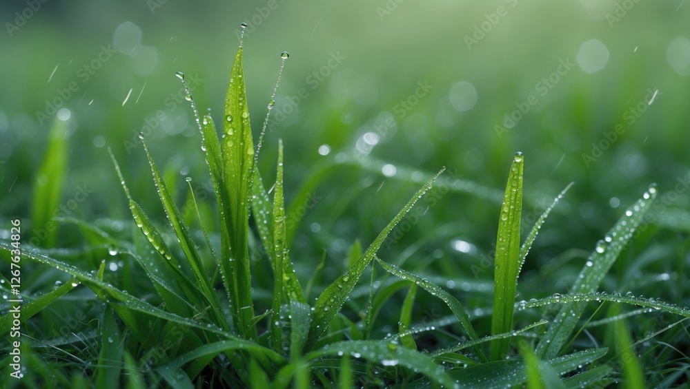 Leinwandbilder fresh green grass with dew drops illuminated by morning light and ample space for text overlay in a 