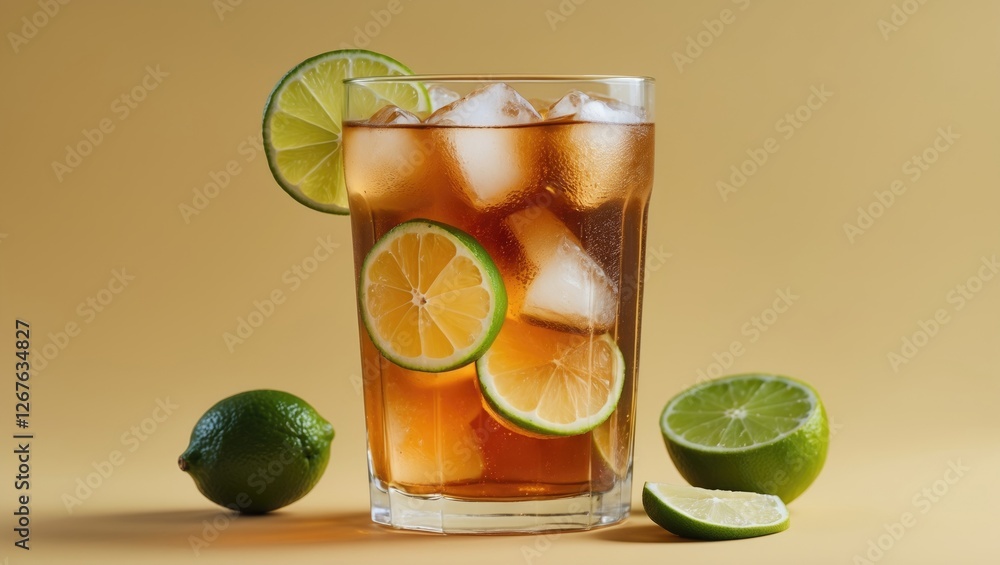 Poster refreshing iced tea with lime slices in a glass against a warm background perfect for summer beverag