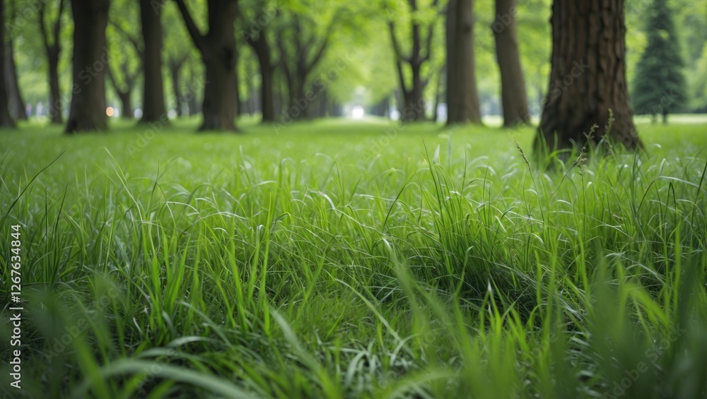 Aufkleber Lush Green Grass Surrounded by Trees in a Tranquil Park Setting