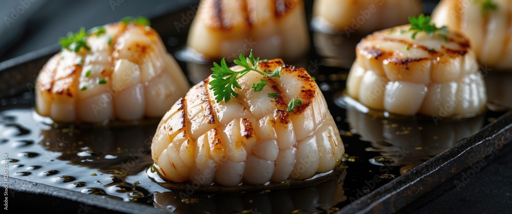 Poster Delicious Grilled Scallops on a Cast Iron Griddle Garnished with Fresh Herbs and Empty Space for Custom Text or Branding
