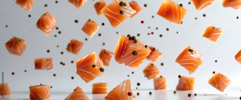 Poster falling salmon cubes with spices isolated on white background culinary delight with empty space for 