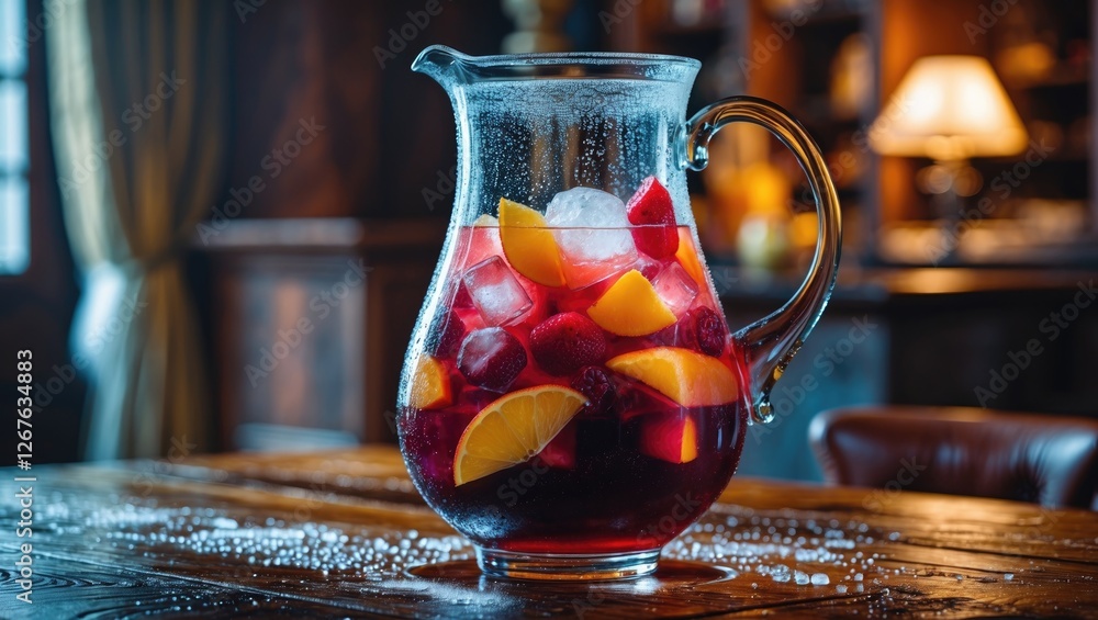 Poster elegant tall glass jug pitcher of ice cold sangria with fruit pieces and condensation on a rustic wo