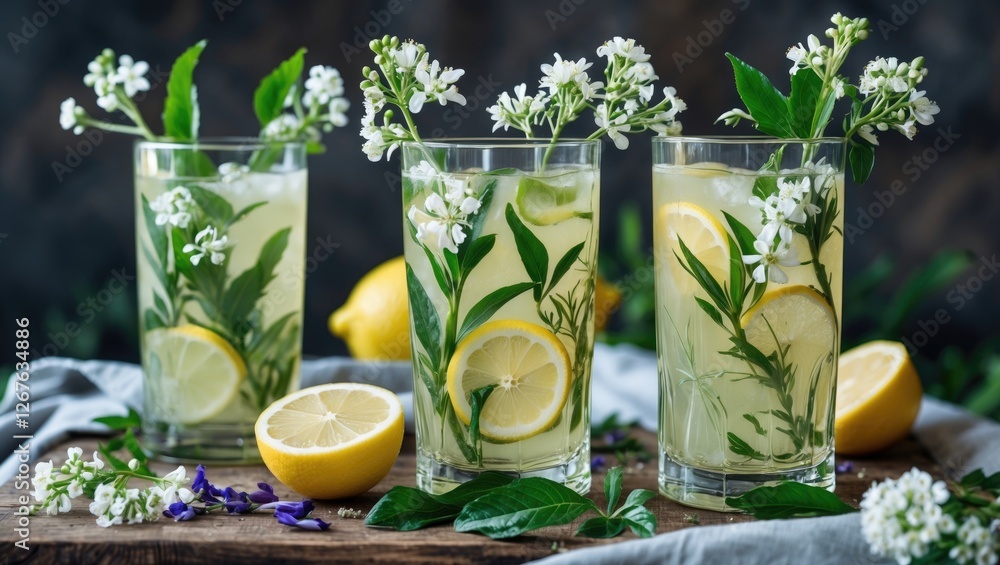 Poster refreshing lemonade with elderflower and fresh herbs in glasses, set against a dark background with 