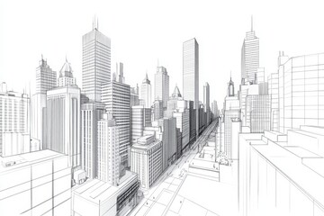 Urban Flow: A pencil sketch of a bustling futuristic city center, featuring high-rise buildings and geometric structures. 