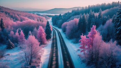 Aerial view of a winter forest landscape with snow-covered trees and a winding road under a pastel colored sky at dawn.