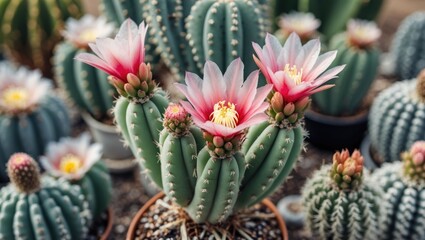 Blooming Flowering Cactus with Pink Blossoms Surrounded by Greenery and Empty Copy Space for Text