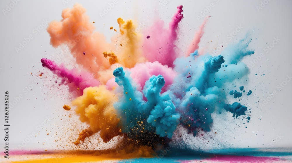 Poster colorful explosion of powdered pigments on a white background creating a vibrant artistic display an