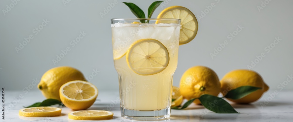 Poster refreshing lemonade in a glass garnished with slices and fresh lemons on a pale background
