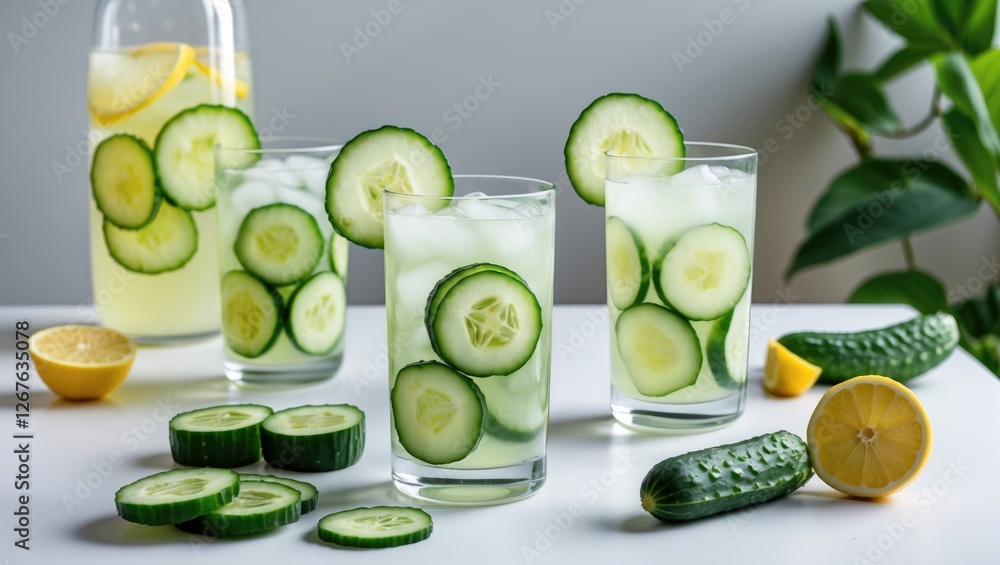Aufkleber Refreshing Cucumber Lemonade Served in Glasses with Fresh Slices on White Table Surrounded by Ingredients Ideal for Summer Promotions