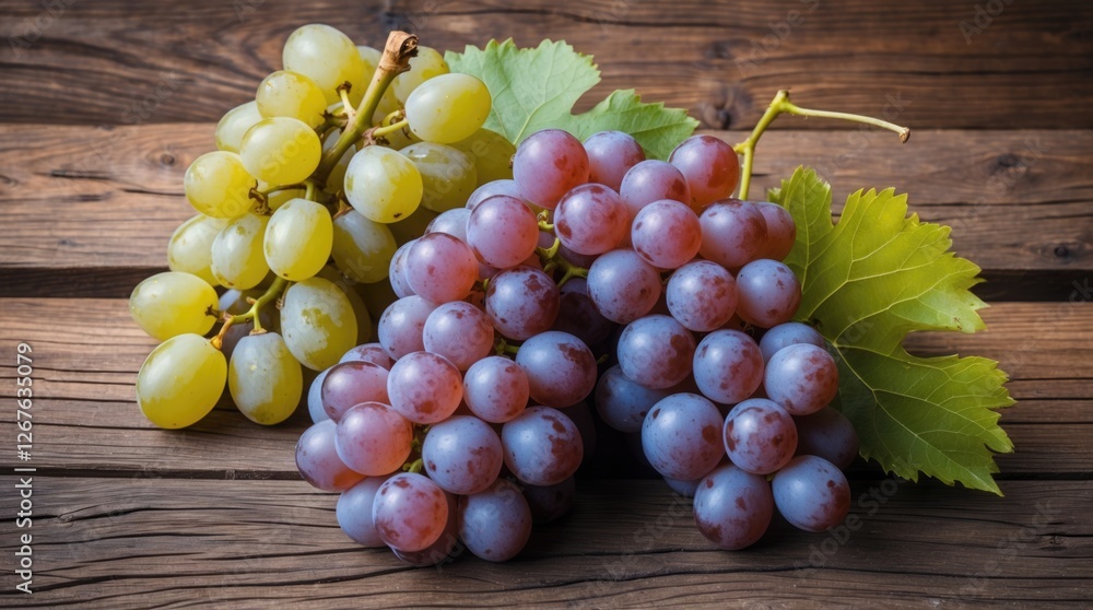 Poster assorted fresh grapes on rustic wooden background showcasing green and red varieties with lush green