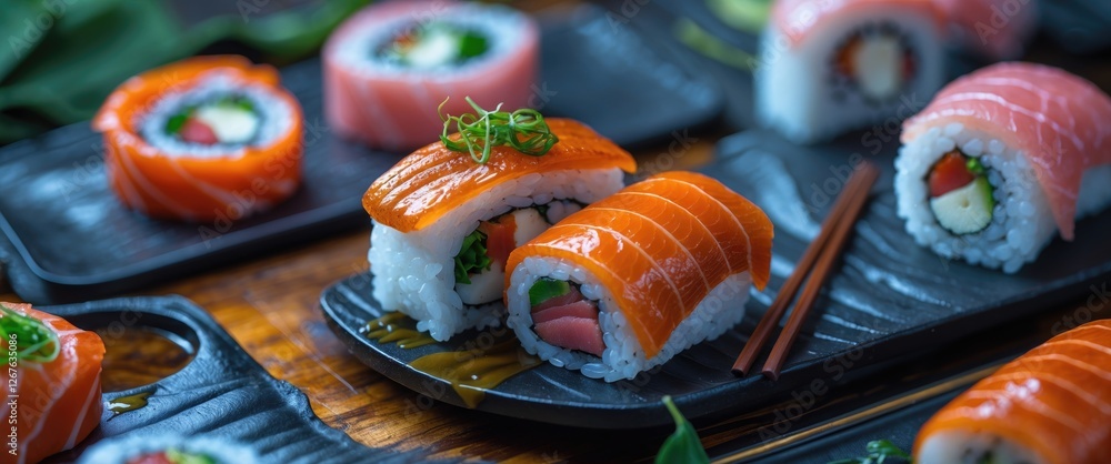 Poster colorful sushi rolls on black plates with selective focus and empty space for custom text in a gourm