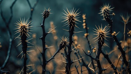 Obraz premium Thorny Plant Silhouettes with Spiky Details Against a Gloomy Background Showcasing Nature's Unique Beauty and Resilience