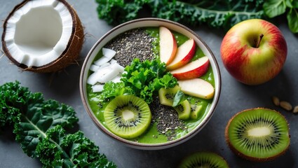 Vibrant Green Kale Smoothie Bowl with Fresh Fruits and Superfoods in a Healthful Presentation Ideal for Vegan Lifestyle Promotion
