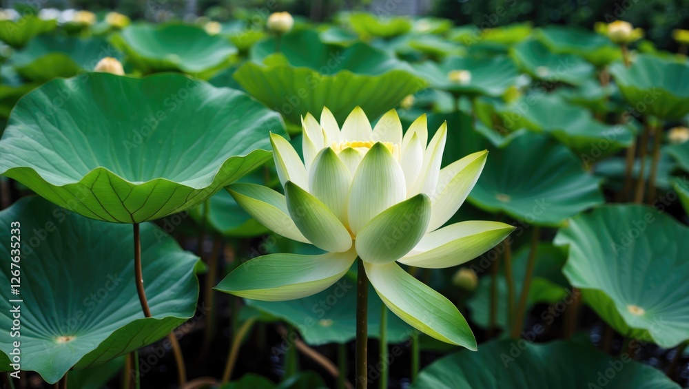 Poster lotus flower surrounded by lush green leaves in a tranquil garden environment with space for text or