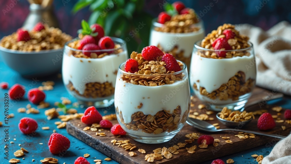 Poster healthy yogurt parfaits with granola and fresh raspberries on a rustic table with copy space for tex