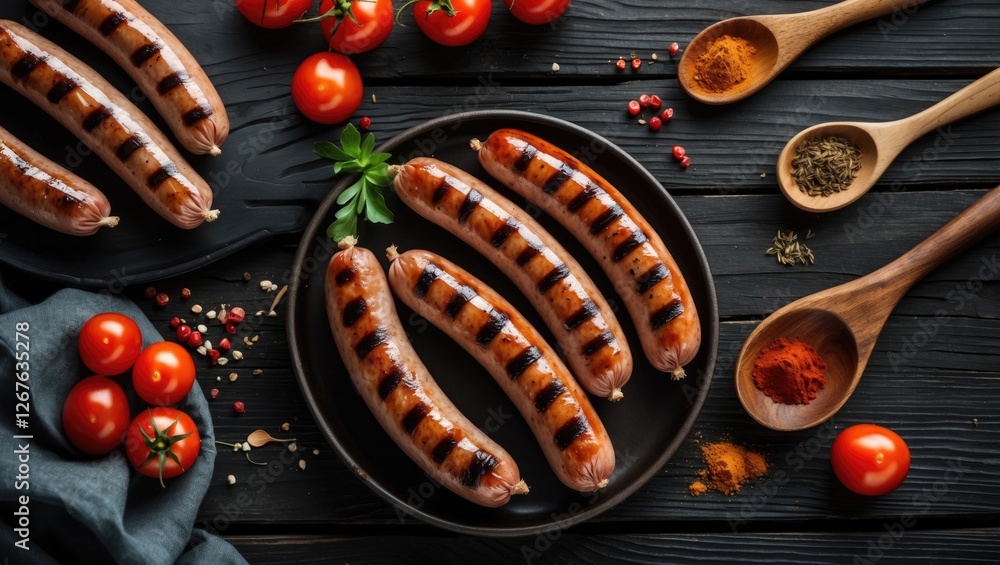 Poster Grilled Sausages Served on Dark Wooden Table with Cherry Tomatoes and Spices Offering a Rustic Culinary Experience and Copy Space for Text