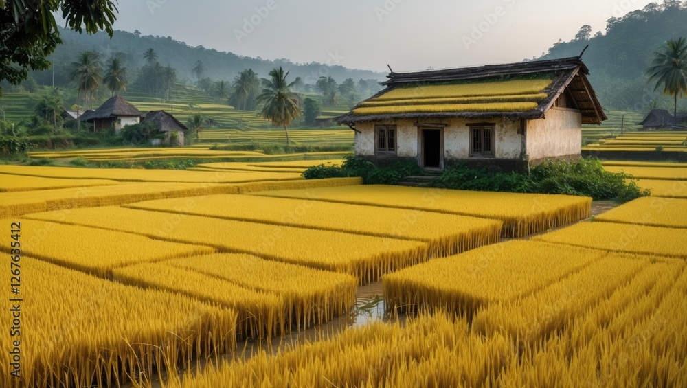 Poster serene golden rice fields surrounding a rustic cottage with lush greenery and blank space for text o