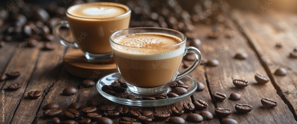 Poster latte coffee served in glass cups on wooden table surrounded by coffee beans with empty space for te