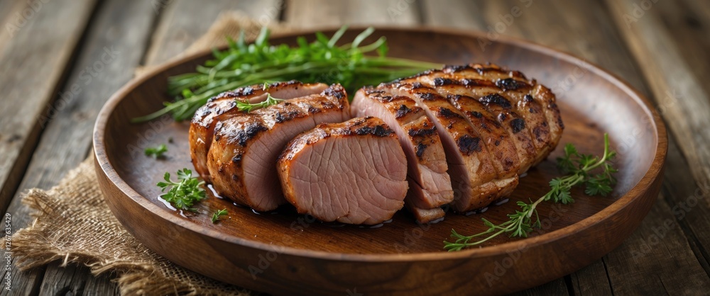 Poster grilled pork served on a rustic wooden plate with fresh herbs and empty space for text ideal for cul