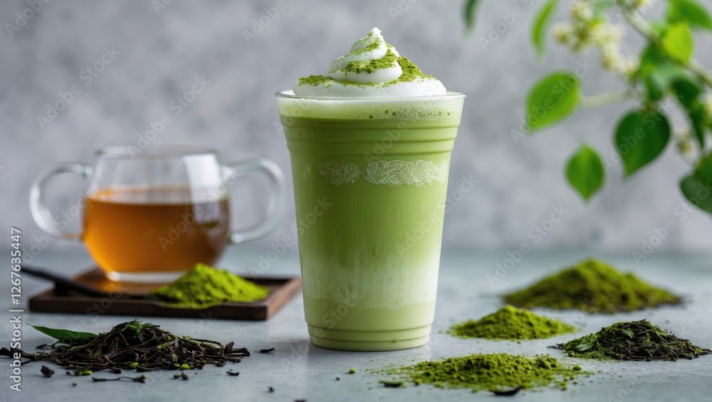 Poster refreshing matcha latte in clear plastic cup with whipped cream and green tea leaves on table and te