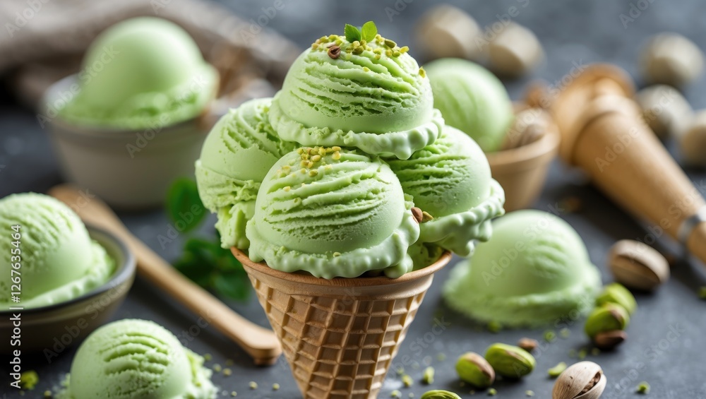 Poster Pistachio Ice Cream in a Cone with Fresh Nuts and Sprigs of Mint on a Rustic Table Setting