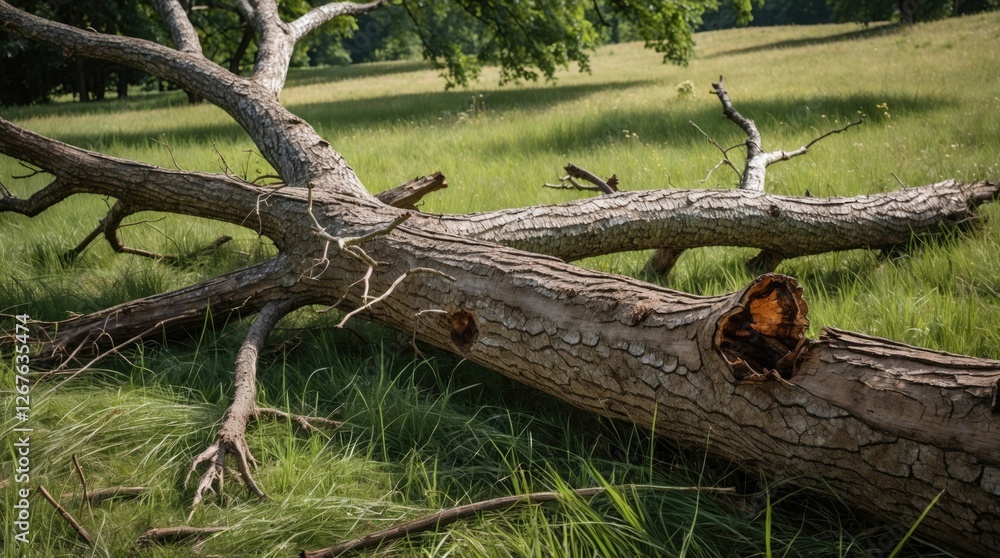 Poster fallen tree branch on grass showcasing intricate trunk textures and natural scenery in a serene outd
