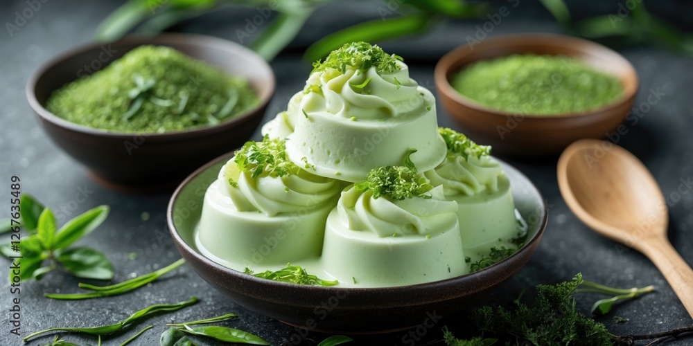 Poster green tea soft serve dessert with fresh greenery and empty space for text. perfect for culinary and 