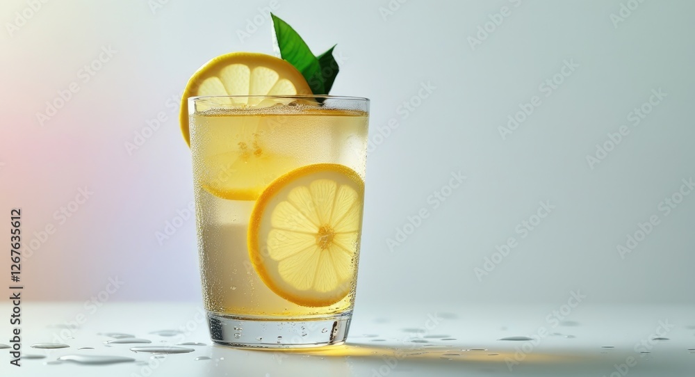 Poster refreshing glass of iced lemon tea with lemon slices and mint against light background ideal for sum