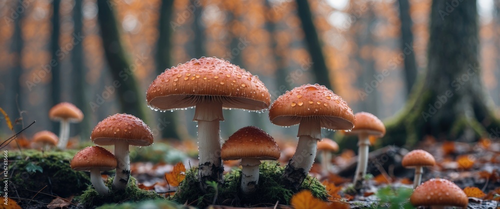 Poster autumn forest scene with dewy mushrooms providing copy space for nature-themed text and background e