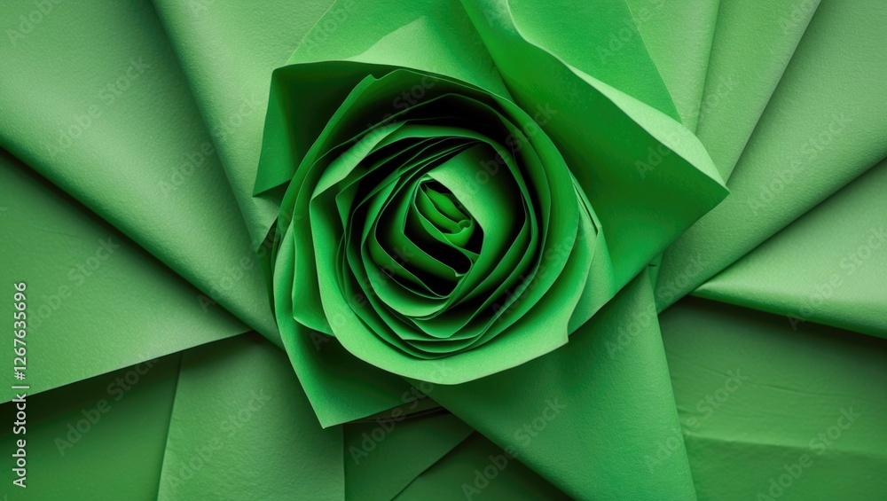 Poster Green paper texture featuring an intricate rose design created from layered sheets, ideal for backgrounds and creative projects.