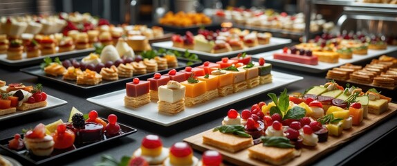 Elegant assortment of colorful canap&Atilde;&copy;s and desserts arranged on platters for a self-service buffet at a festive event or gathering