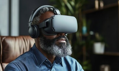 Business executive engages in virtual reality conference from home office