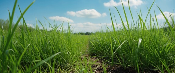 Obraz premium Vibrant Green Grass Reaching Towards Bright Blue Sky Under Sunny Summer Atmosphere With Room For Text Overlay
