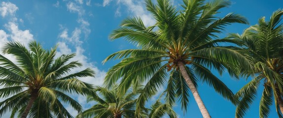 Obraz premium Lush Green Palm Trees Under a Clear Blue Sky with Fluffy Clouds in a Tropical Paradise Setting