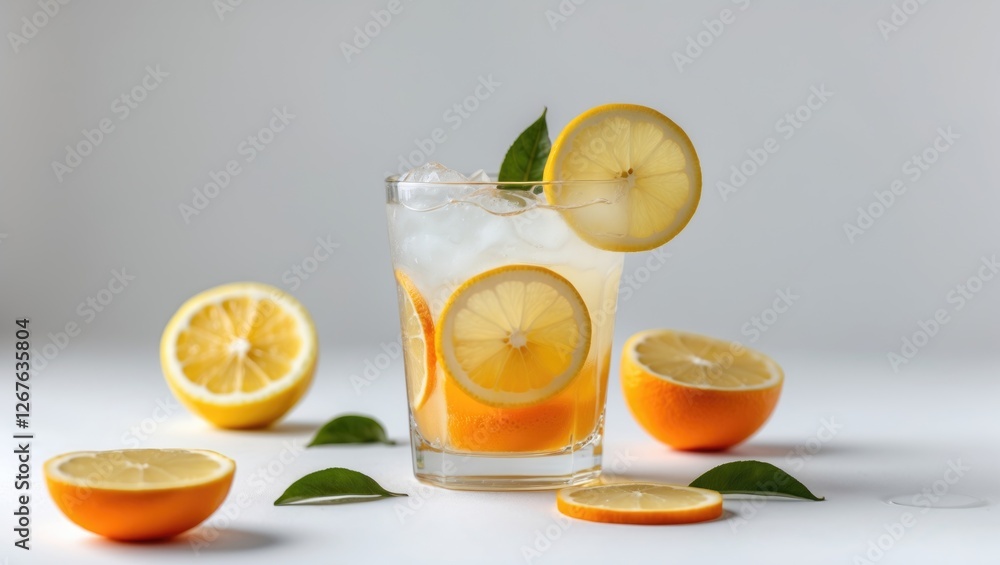 Poster refreshing glass of lemonade with lemon and orange slices surrounded by fresh citrus on white backgr