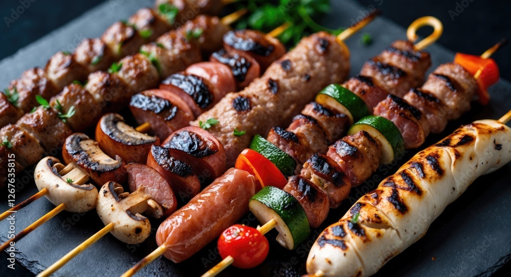 Poster grilled assorted kebabs with meat mushrooms sausages and vegetables on skewers served on slate board